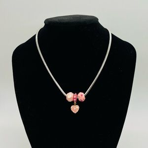 NWOT Little Miss Twinstars Necklace White Gold Three Ceramic Charms Hearts Pink